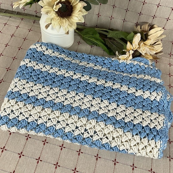 Handmade Other - Beautiful & Delicate Vintage Handmade Crochet Blue & White Striped Blanket